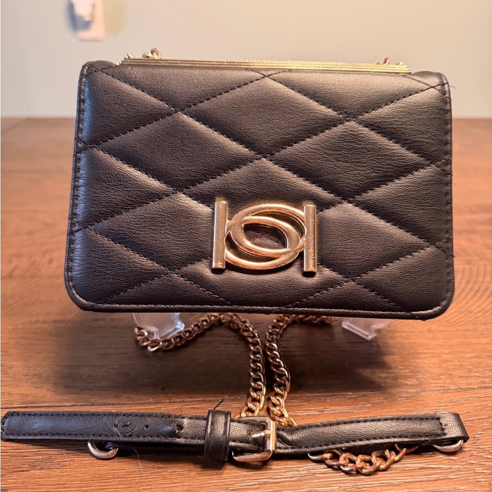 bebe Black Quilted Crossbody Bag with Gold Accents